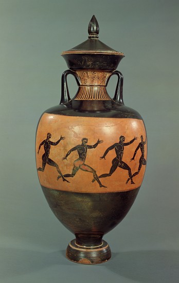 Attic black-figure Panathenaic amphora decorated with running men, Greek a 