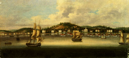 A View Of Singapore From The Roads, With A Merchant Barque And A Merchant Brig And Other Shipping a 