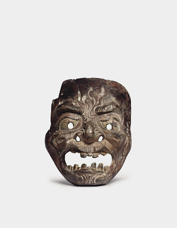 A Wood Gigaku Mask  Kamakura Period (13th - 14th Century)  A Large, Powerfully Carved Mask With Expr a 