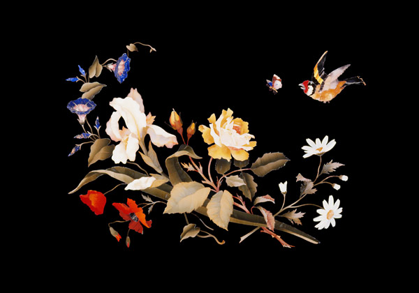 A Florentine Pietra Dura Panel, Inset With A Goldfinch Chasing A Butterfly Above A Floral Bouquet a 