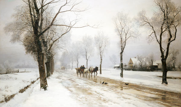 An Extensive Winter Landscape With A Horse And Cart a 