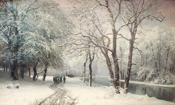 A Winter Landscape With Horses And Carts By A River a 