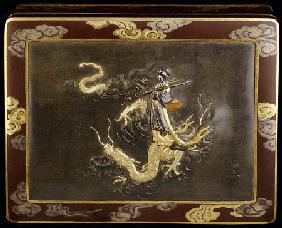 A Komai Rectangular Metal Box Depicting With Benten Standing On The Back Of A Dragon Holding A Koto