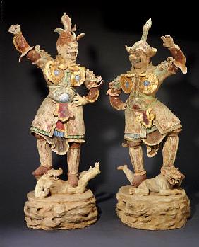 A Rare Pair Of Massive Painted Pottery Lokapala Guardians Both Standing On  A Recumbent Demons