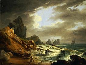 A Rocky Coastal Landscape With Figures On A Beach