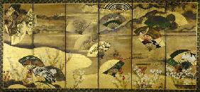 A Six-Panel Screen Painted In Sumi, Colour And Gofun On Paper Sprinkled With Gold And Silver With Sc