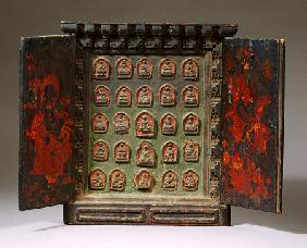 A Tibetan Wooden Altar, With Both Doors Painted With Shri Devi On Her Mule And Another Horse Riding