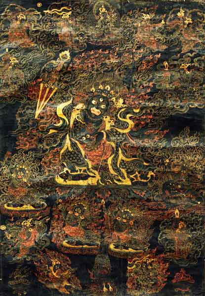 A Black Tibetan Thanka In Gold, Grey And Red Depicting Dharmapala a 