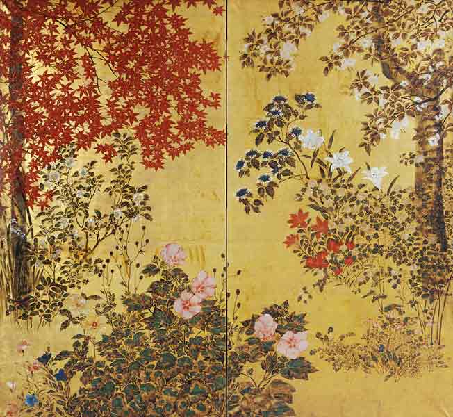 A Two Leaf Japanese Screen On Gold Paper With Maple Branches, Camellias, Hydrangeas, Cherry Flowers, a 