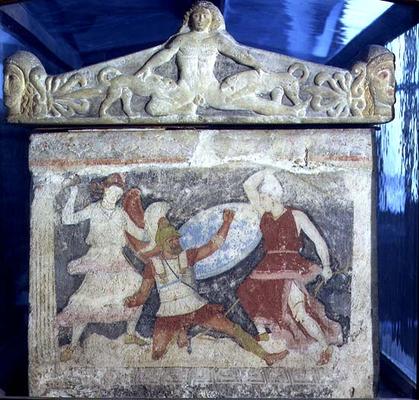 A Greek fighting two Amazons from the end of the sarcophagus of the Amazons, with Acteon torn apart a 