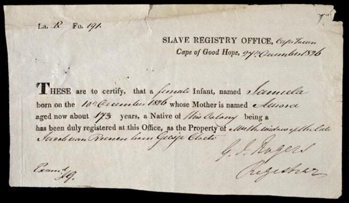 A Slave Registration Certificate, Cape Town, 27 December 1826 (pen and ink on paper) a 