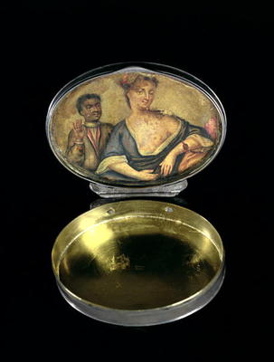 A snuff box, with inner picture of a mistress and her black servant, London, c.1740 (silver) a 