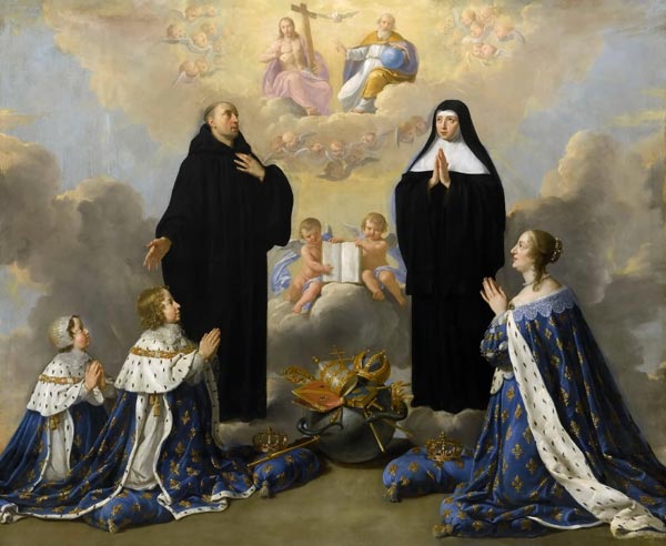 Anna of Austria with her children, praying to the Holy Trinity with Saints Benedict and Scholastica a 