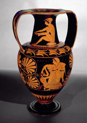 Attic red-figure amphora depicting a satyr struggling with a maenad, with a seated woman tying her s a 