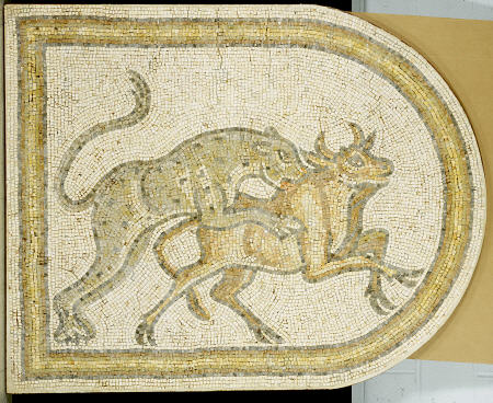 Byzantine Marble Mosaic Panel Depicting A Leopard Attacking A Bull a 