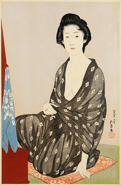 A Beauty In A Black Kimono With White Hanabishi Patterns Seated Before A Mirror a 