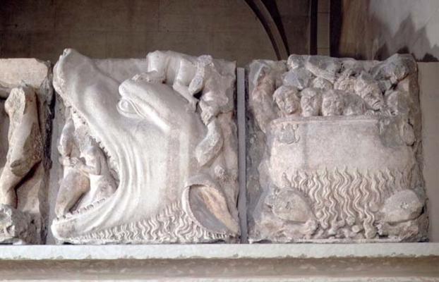 Bas-relief depiction of hell, showing figures being consumed by a monster and sinners boiling in a c a 
