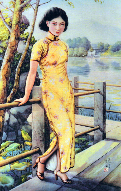 China: Chinese calendar girl of the 1930s wearing a qipao or cheongsam a 