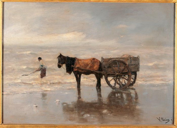 Cart on the beach sea sky clouds wind horse waves grey. a 