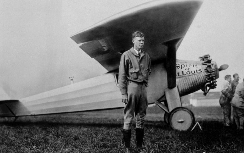 Charles Lindbergh American aviator in front of his plane Spirit of Saint Louis taking off from Roose a 
