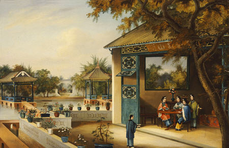 Chinese Ladies Playing Mahjong In The Pavilion Of A House a 