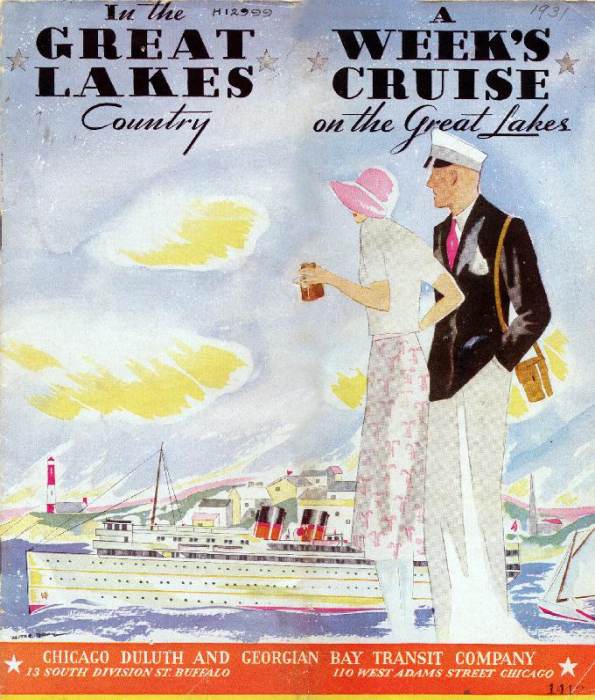 Cover of the Chicago, Duluth and Georgian Bay Transit Company schedule for 1931 depicts a man and a  a 