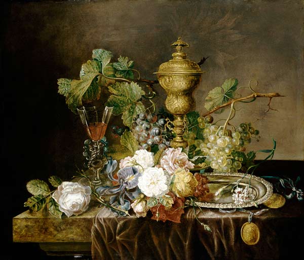 A Still Life With Roses, Carnations, An Iris, Grapes, A Silver Plate, Two Medallions, A ''Facon De V a 
