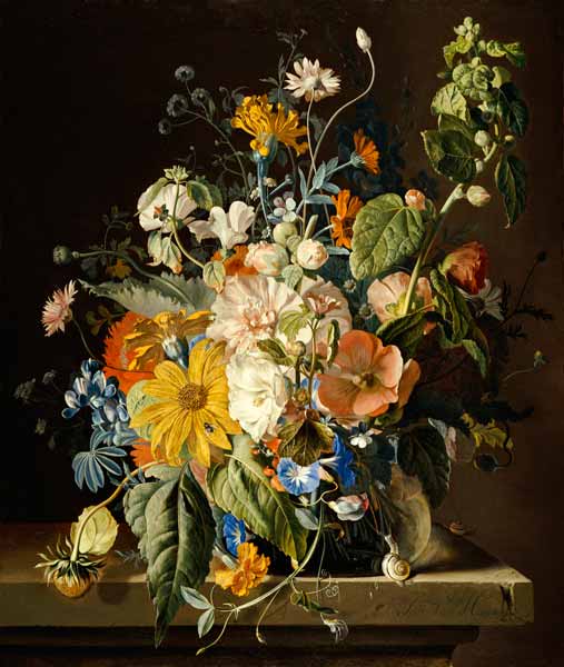 Poppies, Hollyhock, Morning Glory, Viola, Daisies, Sweet Pea, Marigolds And Other Flowers In A Vase a 