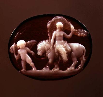 Cameo of Venus seated on a lion led by Cupid, 1st century BC (agate and onyx) a 