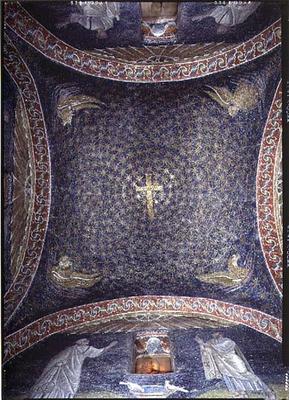 Central vault depicting a golden cross in a star strewn sky with the attributes of the apostles, 5th a 