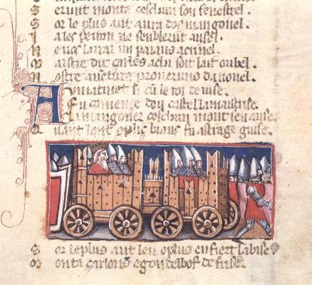 Charlemagne and soldiers in a wooden carriage, 14th century a 