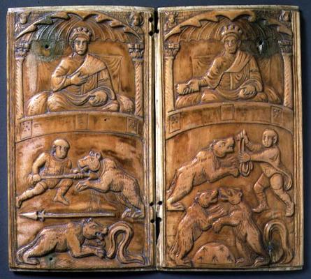 Consular diptych depicting officials presiding over bear-baiting, Roman (ivory) a 