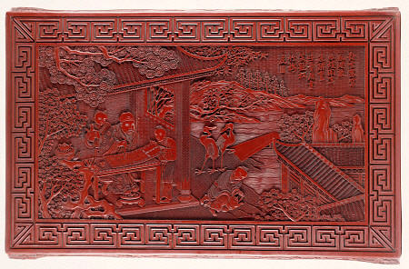 Detail From A Red Lacquer Rectangular Low Table Top, Depicting A Scholar In A Pavilion With Three At a 