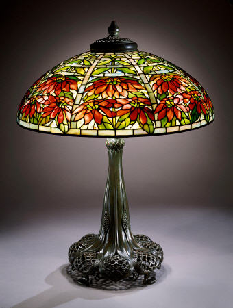 Double Poinsettia Leaded Glass And Bronze Table Lamp a 