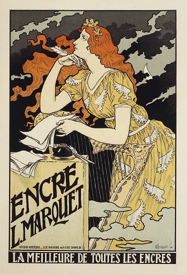 Encre L. Marquet, La Meilleure de Toutes les Encres. Advertisement for Marquet ink, illustration by  a 