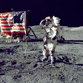 Eugene A. Cernan, Commander, Apollo 17 salutes the flag on the lunar surface during extravehicular a