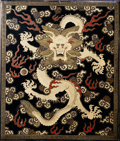 Fine Imperial Polychrome Black Lacquer Ink Cake Box Cover Depicting A Five Clawed Dragon a 