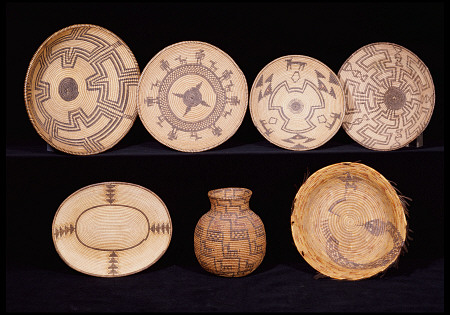 Four Apache Coiled Trays, A Chemehuevi Polychrome Coiled Tray, An Apache Polychrome Coiled Jar, Olla a 