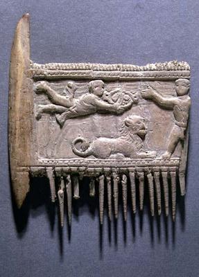Fragment of a hair comb seen from the back with a relief depicting a religious scene, Greek (ivory) a 