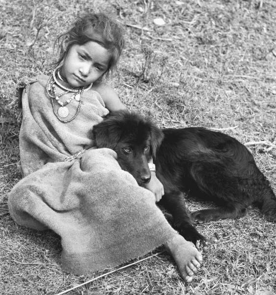 Girl and dog, Garhwal (b/w photo)  a 