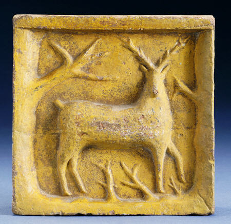 Glazed Earthenware Brick, With A Molded Decoration In The Form Of A Deer And Branches a 