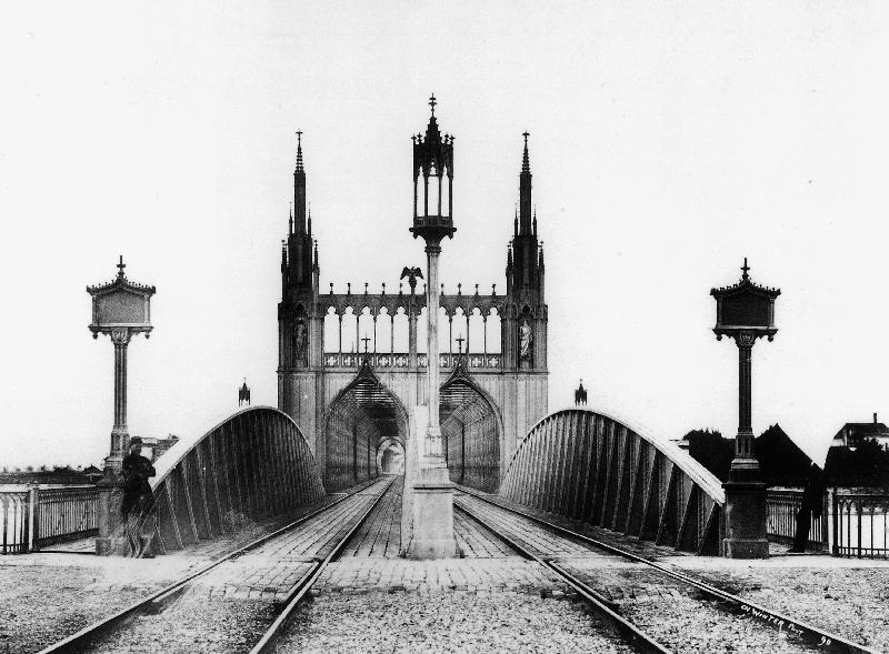 Gothic bridge and railway railroad over the Rhine in Strasbourg Alsace east of France a 