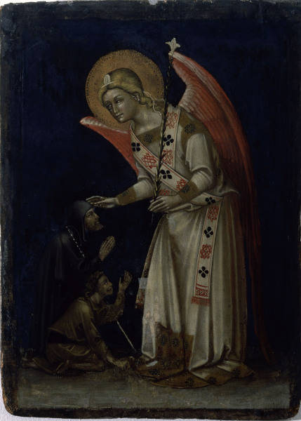 Guariento peintre italien, connu des 1338, mort vers 1368/70. ''L''ange, portant un lis, aide un men a 