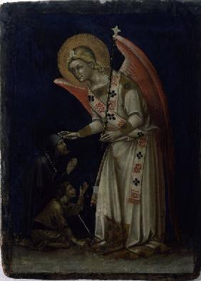 Guariento peintre italien, connu des 1338, mort vers 1368/70. ''L''ange, portant un lis, aide un men