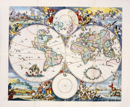 Hand-Coloured Engraved And Etched Wall-Map Of The World On 4 Sheets Cornelis III Danckerts (1664-171 a 