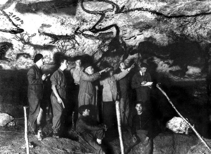 historical visit of the Cave of Lascaux, Montignac, France at the time of its discovery in 1940 l-r  a 
