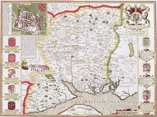 Hantshire, engraved by Jodocus Hondius (1563-1612) from John Speed's 'Theatre of the Empire of Great a 