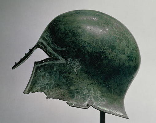 Helmet with incised decoration, Greek, c.5th century BC (bronze) a 