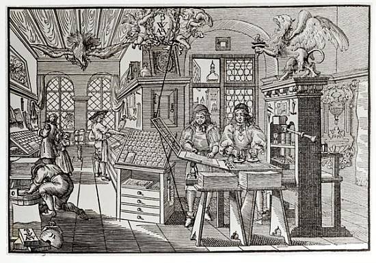 Interior of a printing works in Nuremberg, 17th century (b/w print) a 