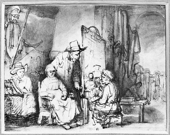 Interior of a studio with a painter painting the portrait of a couple (pen, ink, bistre & wash on pa a 
